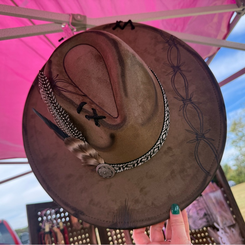 Olive Western Hat with Feather and burned Barbwire